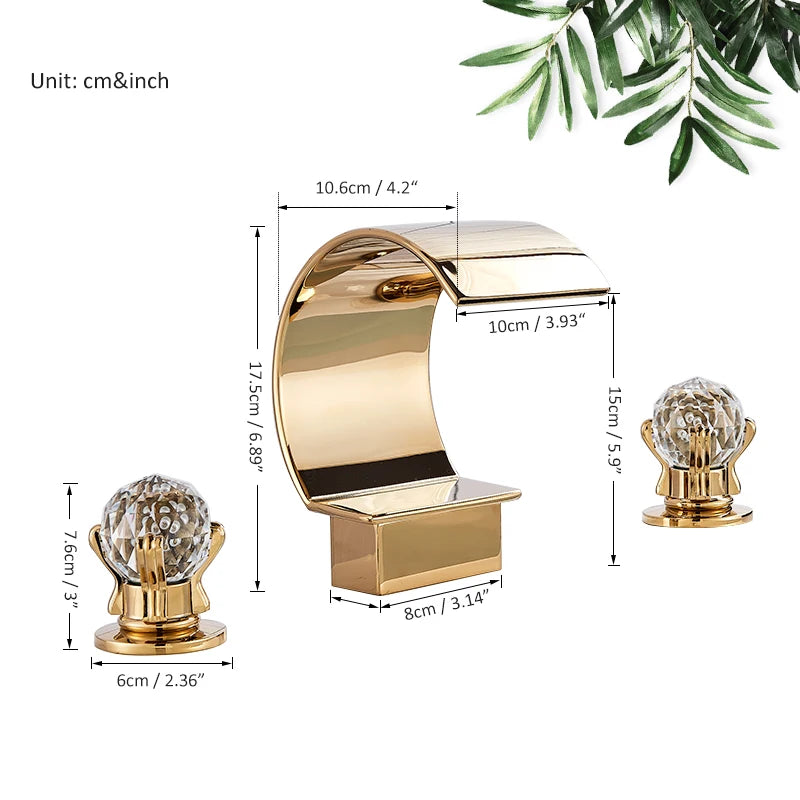 Gold Crane Crystal Handle Widespread Waterfall Bathroom Faucet