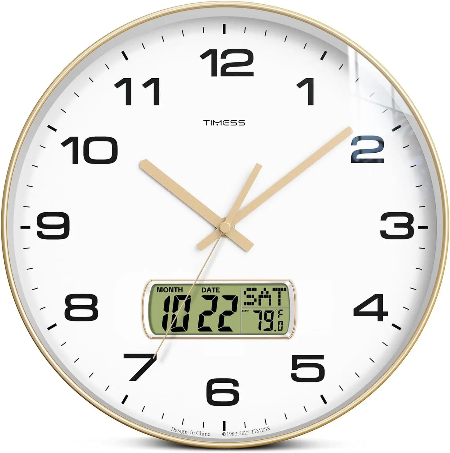 TIMESS Wall Clock with Calendar and Fahrenheit Temperature Display, battery Operated Minimalist Style
