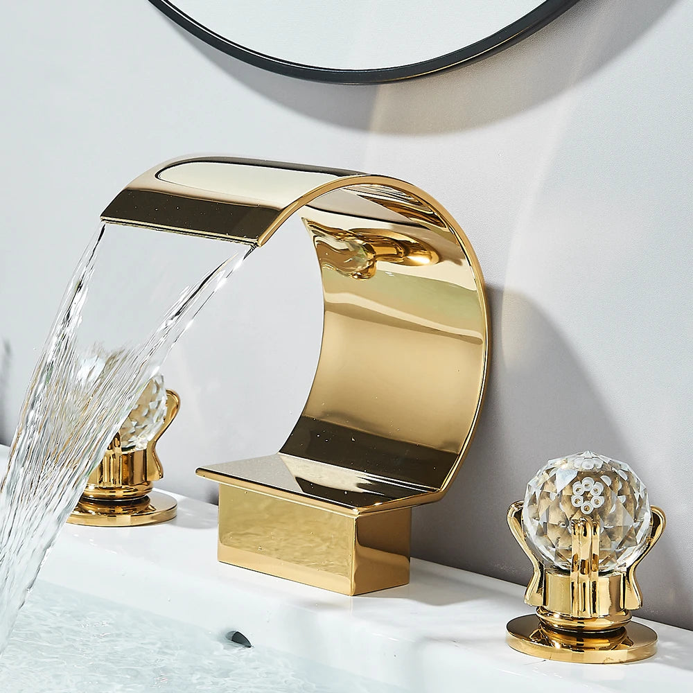 Gold Crane Crystal Handle Widespread Waterfall Bathroom Faucet