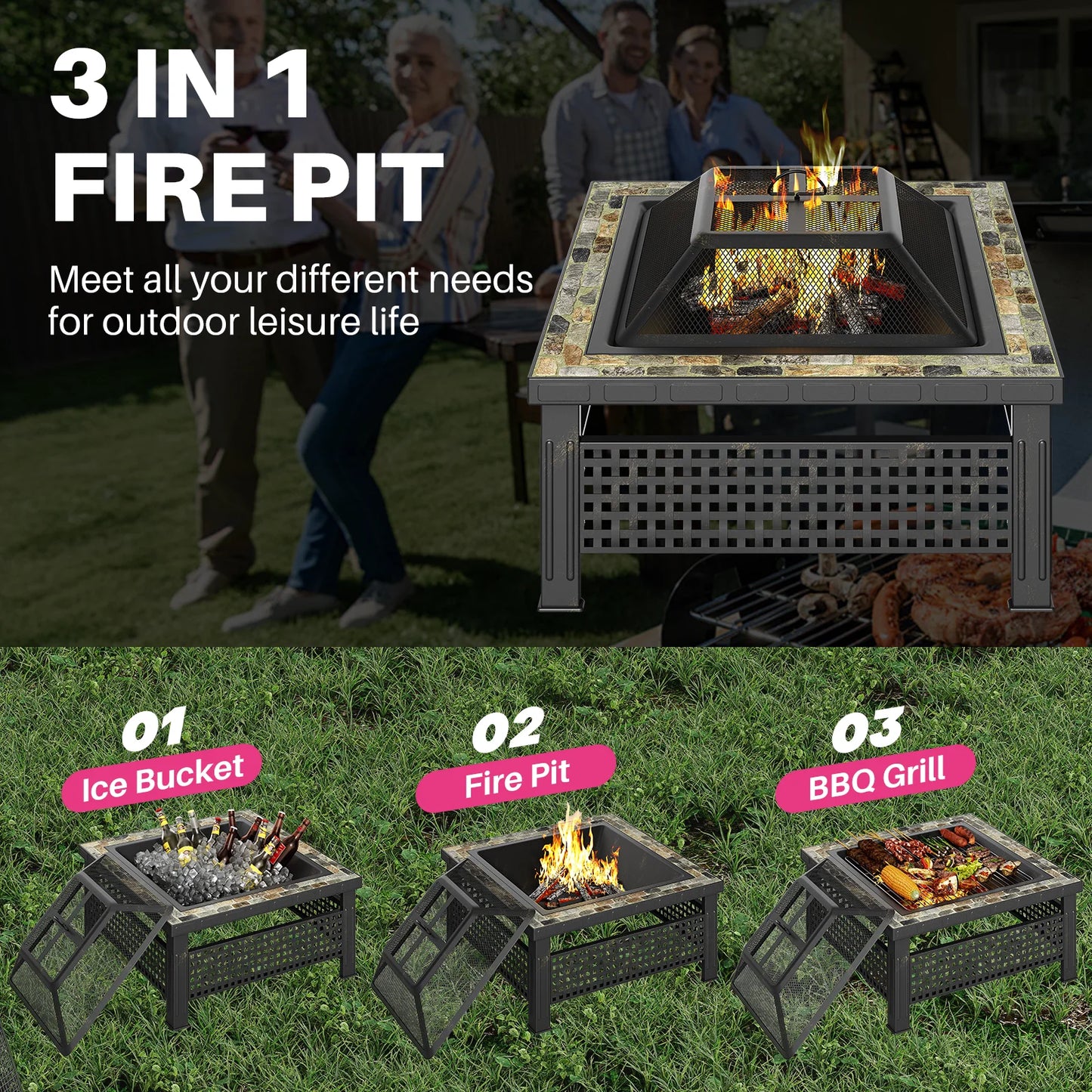 30 Inch Square Outdoor Fireplace Table w/ Mesh.