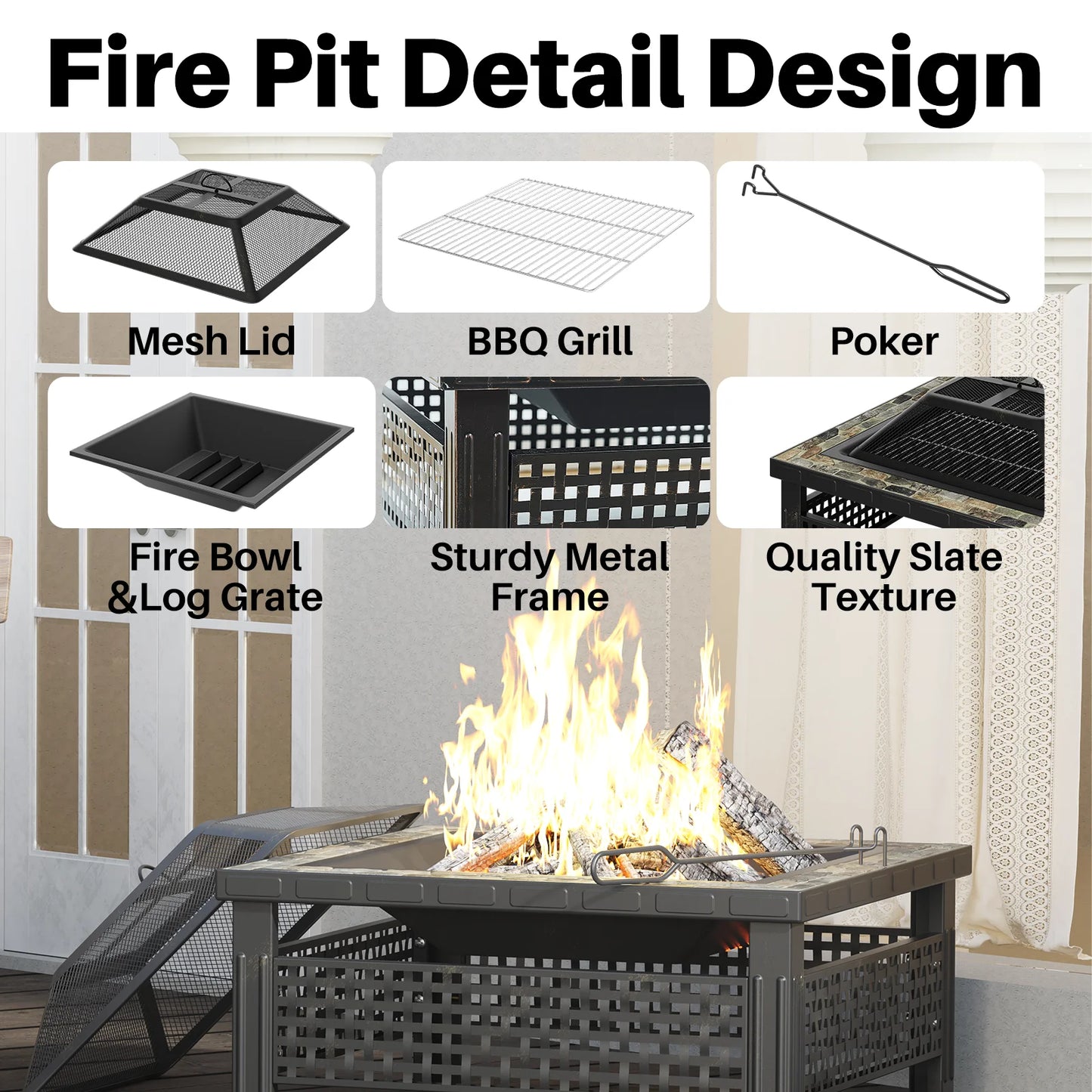 30 Inch Square Outdoor Fireplace Table w/ Mesh.