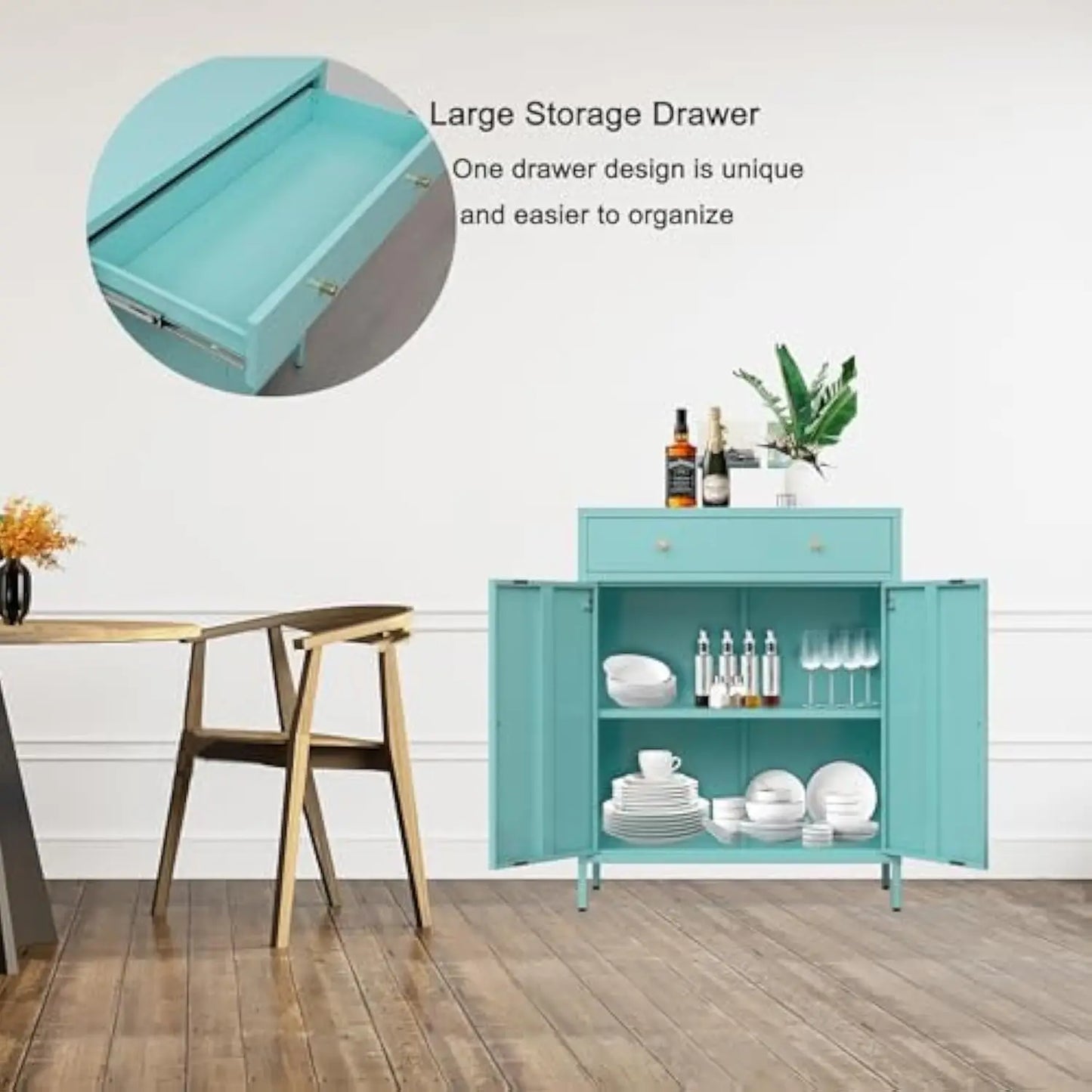 Metal Storage Cabinet with Drawer and Doors, and legs