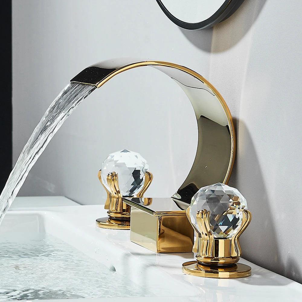 Gold Crane Crystal Handle Widespread Waterfall Bathroom Faucet