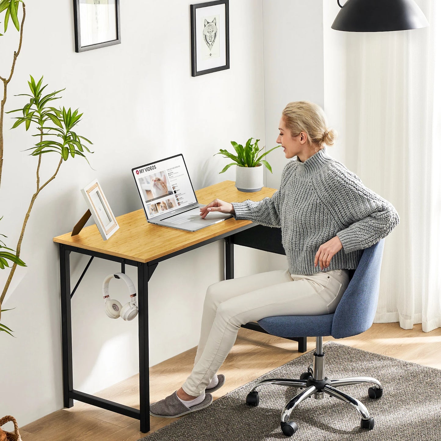 JHK Computer Writing Study Desk with Side Bag Headphone Hook Easy Assembly
