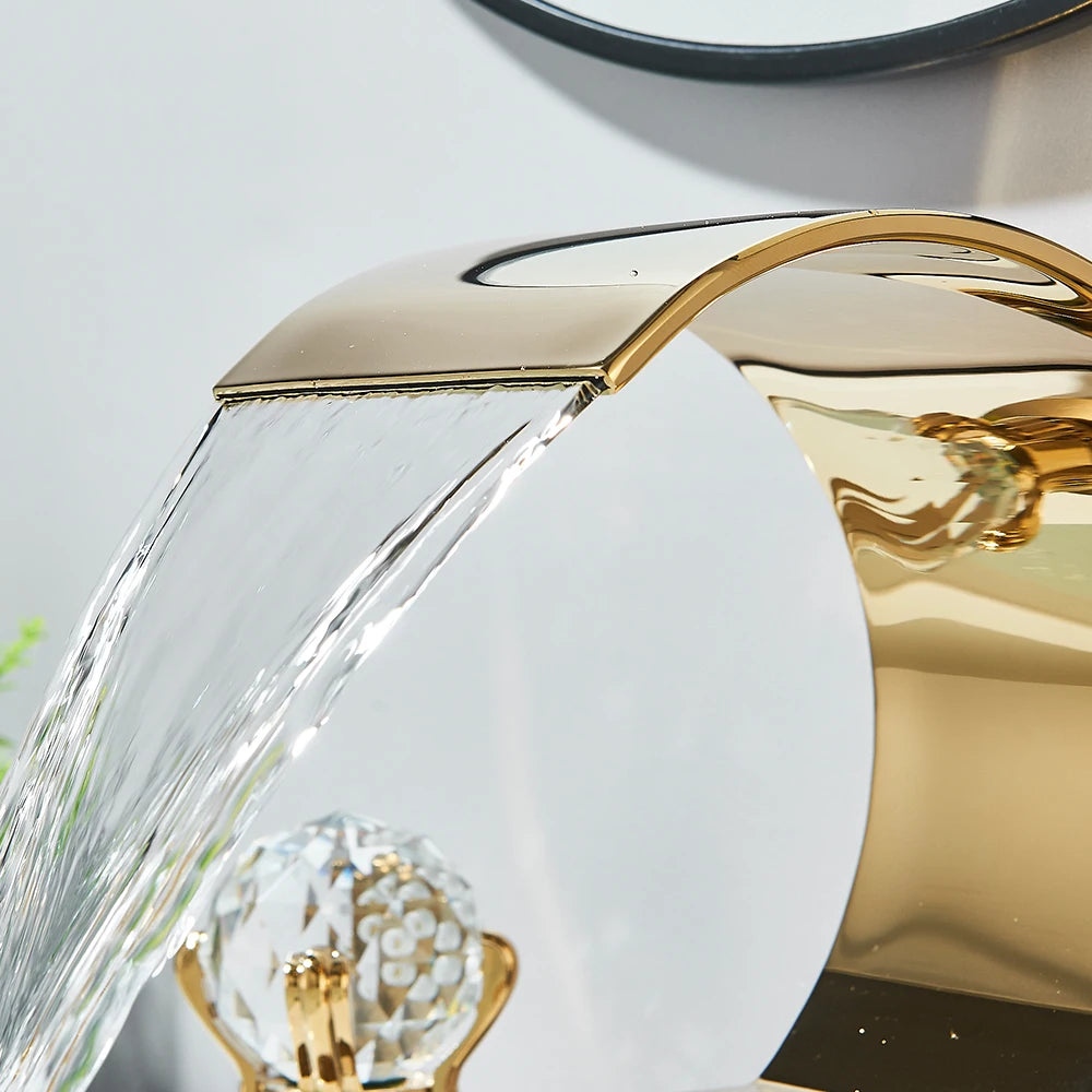 Gold Crane Crystal Handle Widespread Waterfall Bathroom Faucet