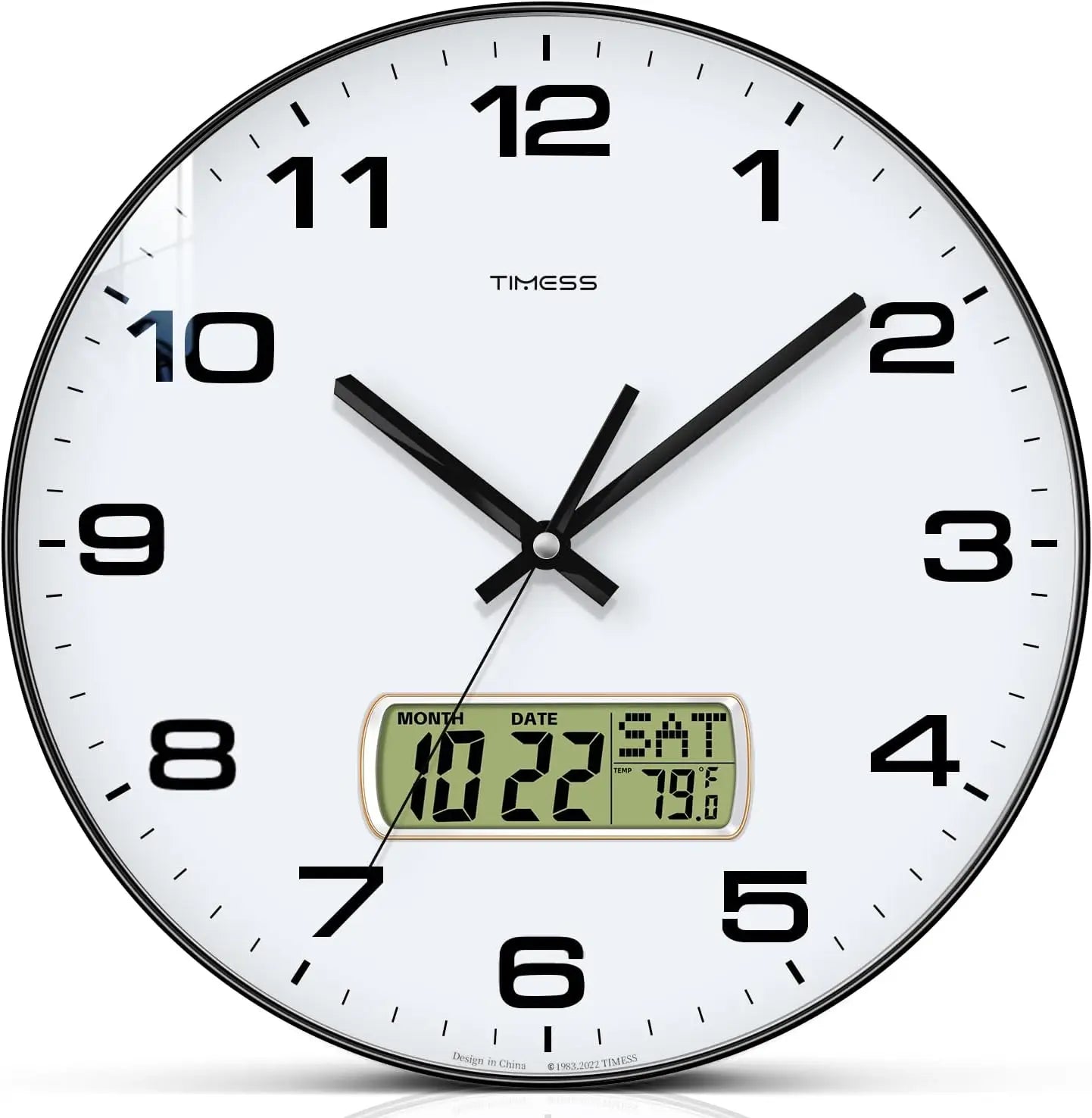 TIMESS Wall Clock with Calendar and Fahrenheit Temperature Display, battery Operated Minimalist Style