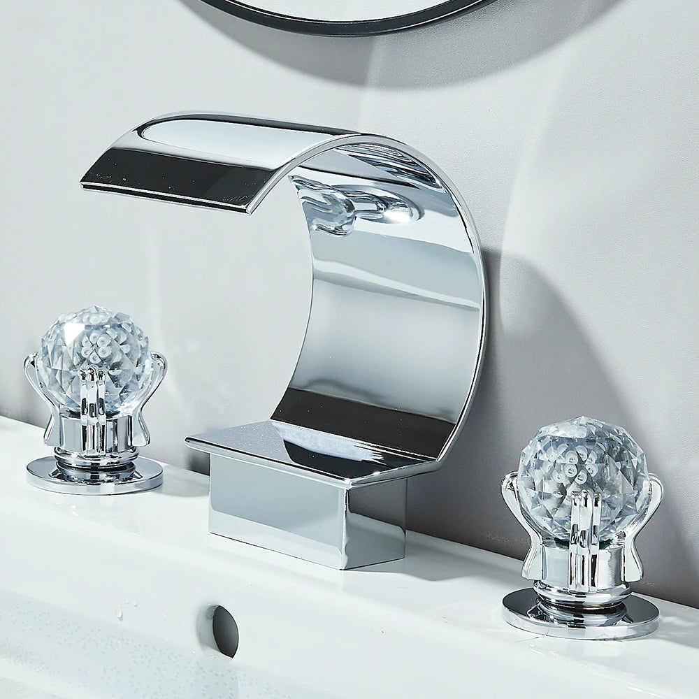 Gold Crane Crystal Handle Widespread Waterfall Bathroom Faucet