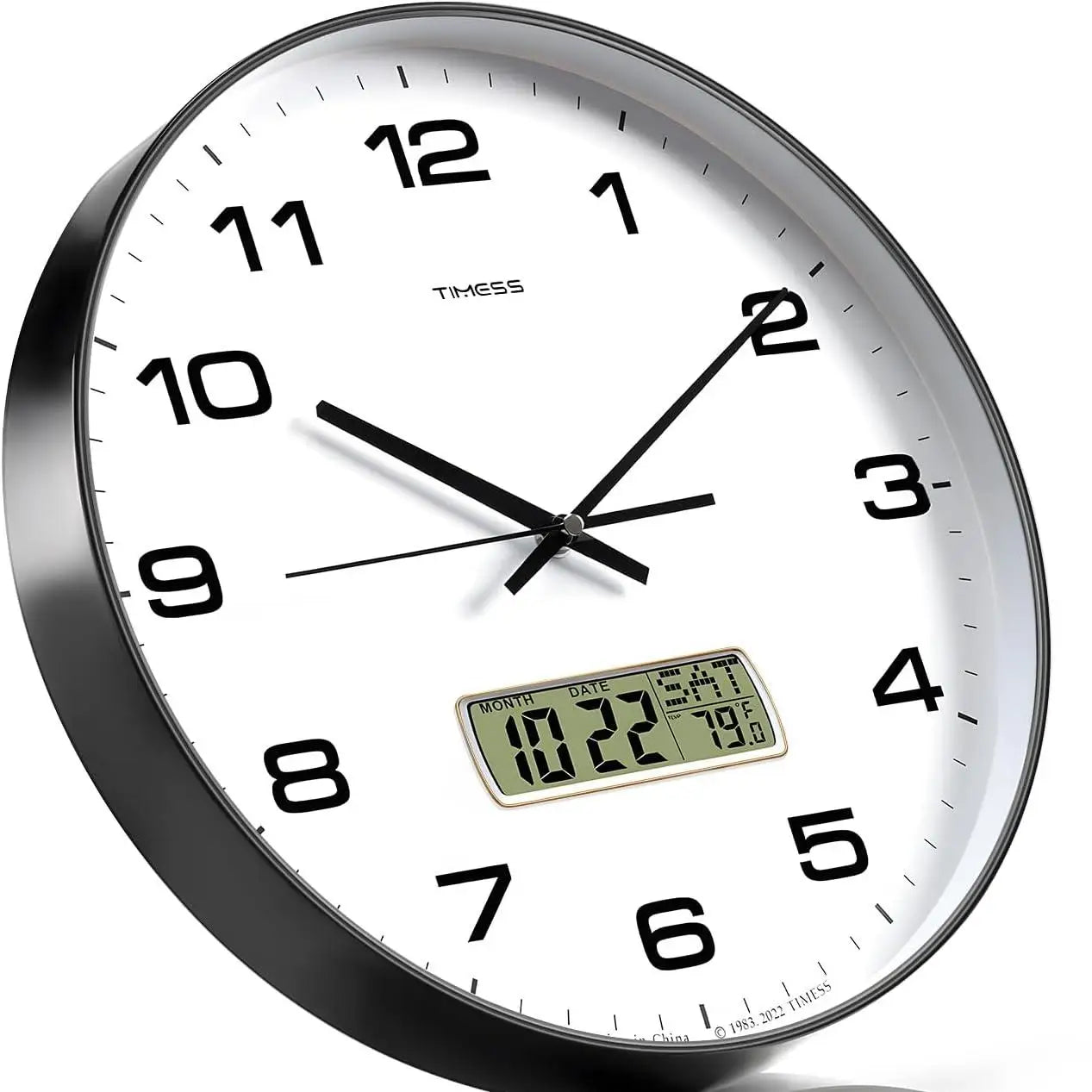 TIMESS Wall Clock with Calendar and Fahrenheit Temperature Display, battery Operated Minimalist Style