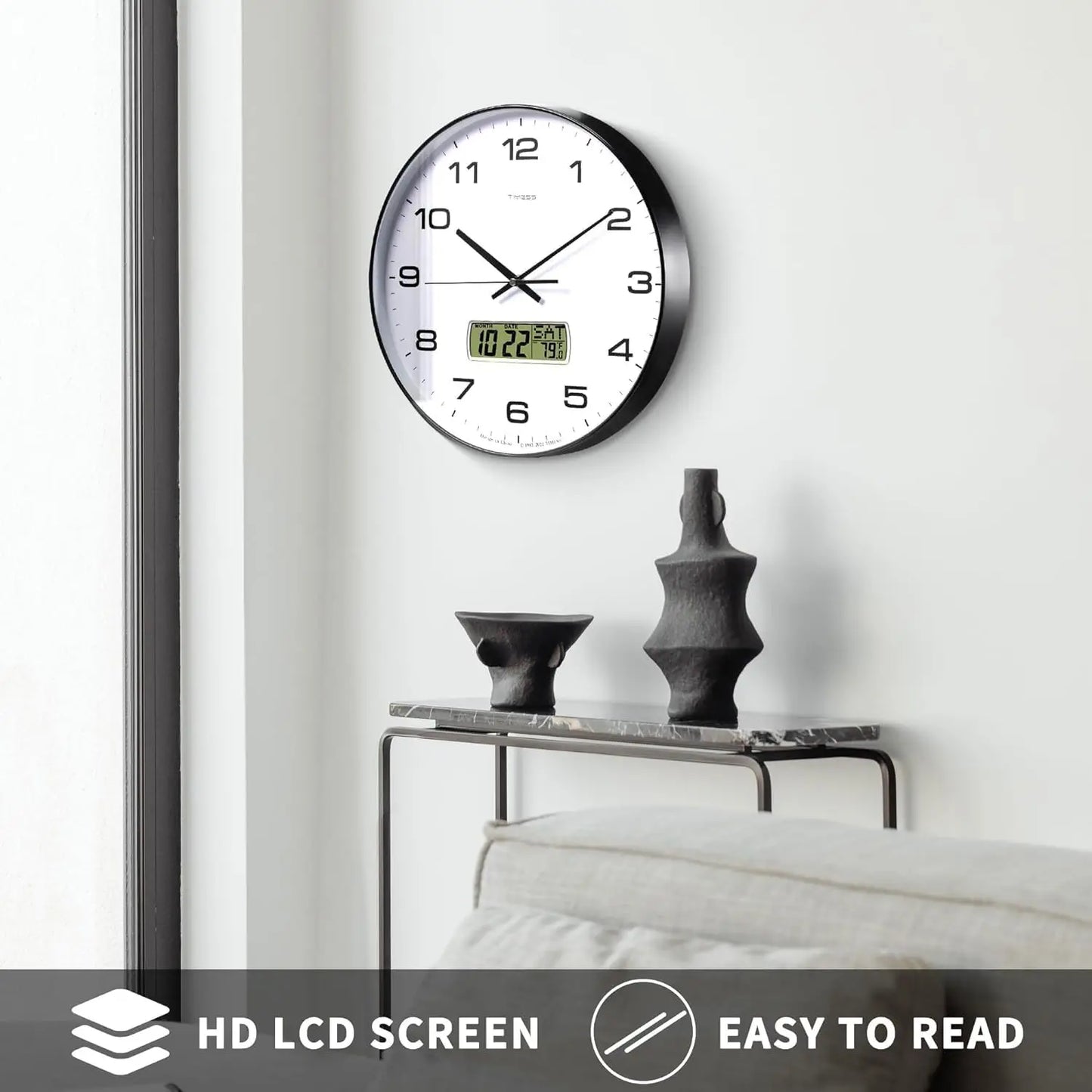 TIMESS Wall Clock with Calendar and Fahrenheit Temperature Display, battery Operated Minimalist Style