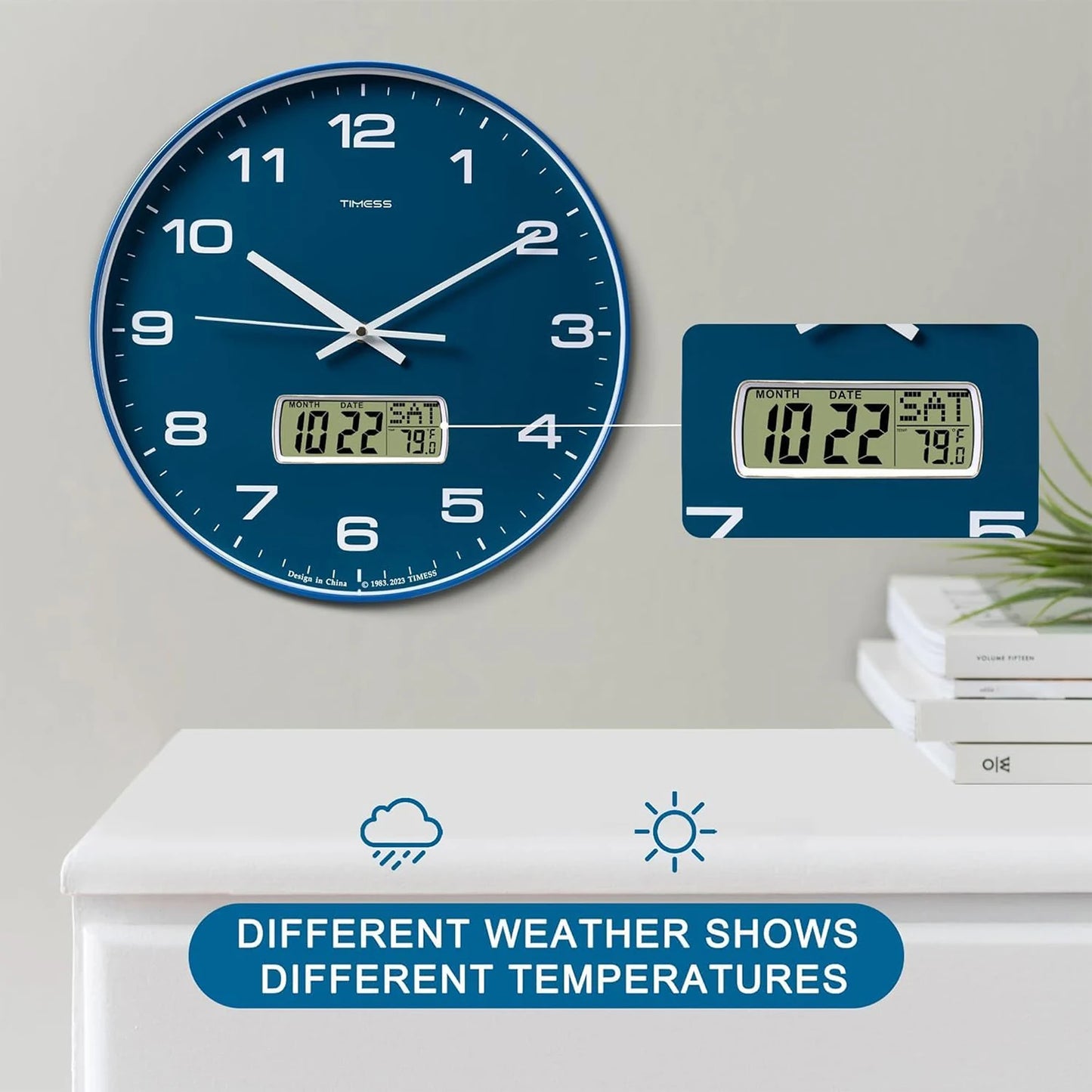 TIMESS Wall Clock with Calendar and Fahrenheit Temperature Display, battery Operated Minimalist Style