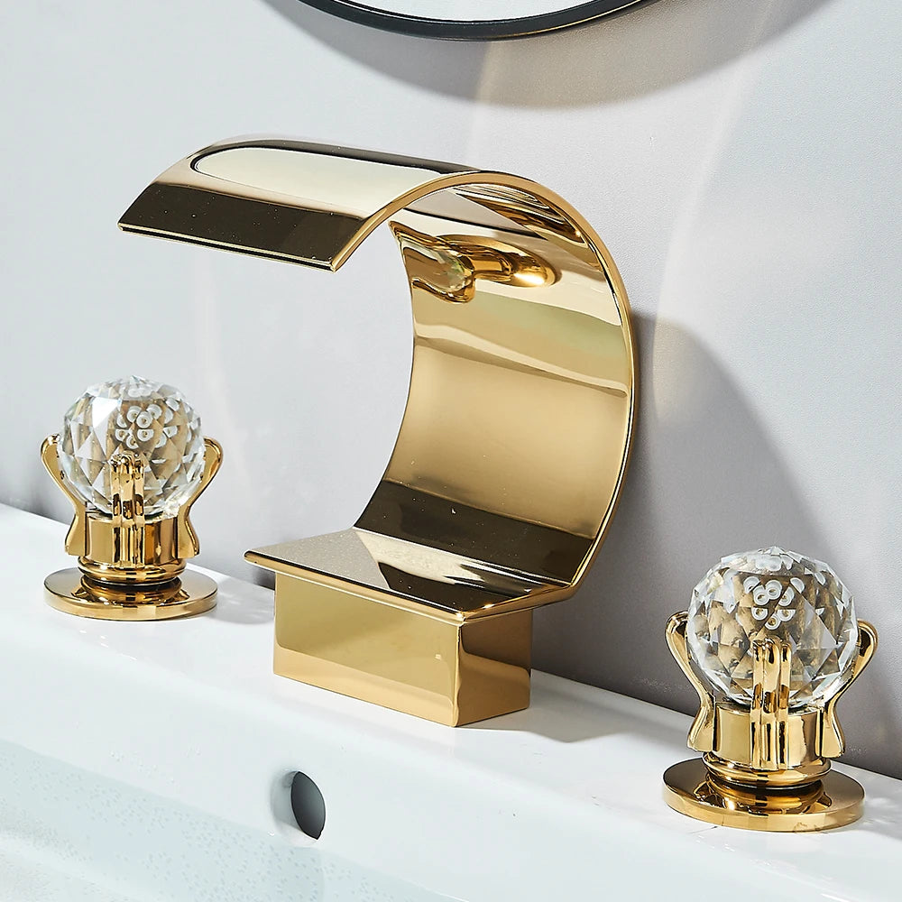 Gold Crane Crystal Handle Widespread Waterfall Bathroom Faucet