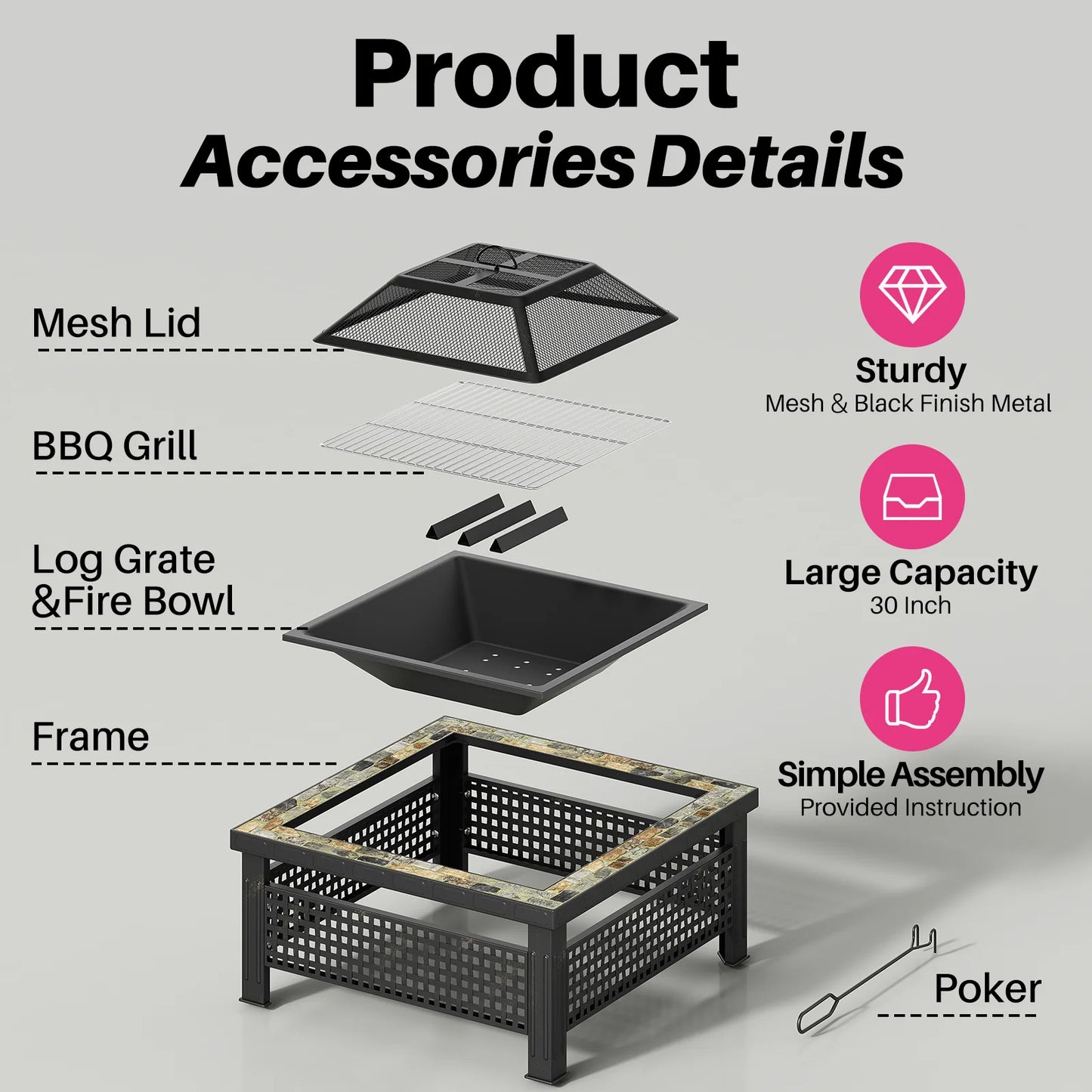 30 Inch Square Outdoor Fireplace Table w/ Mesh.