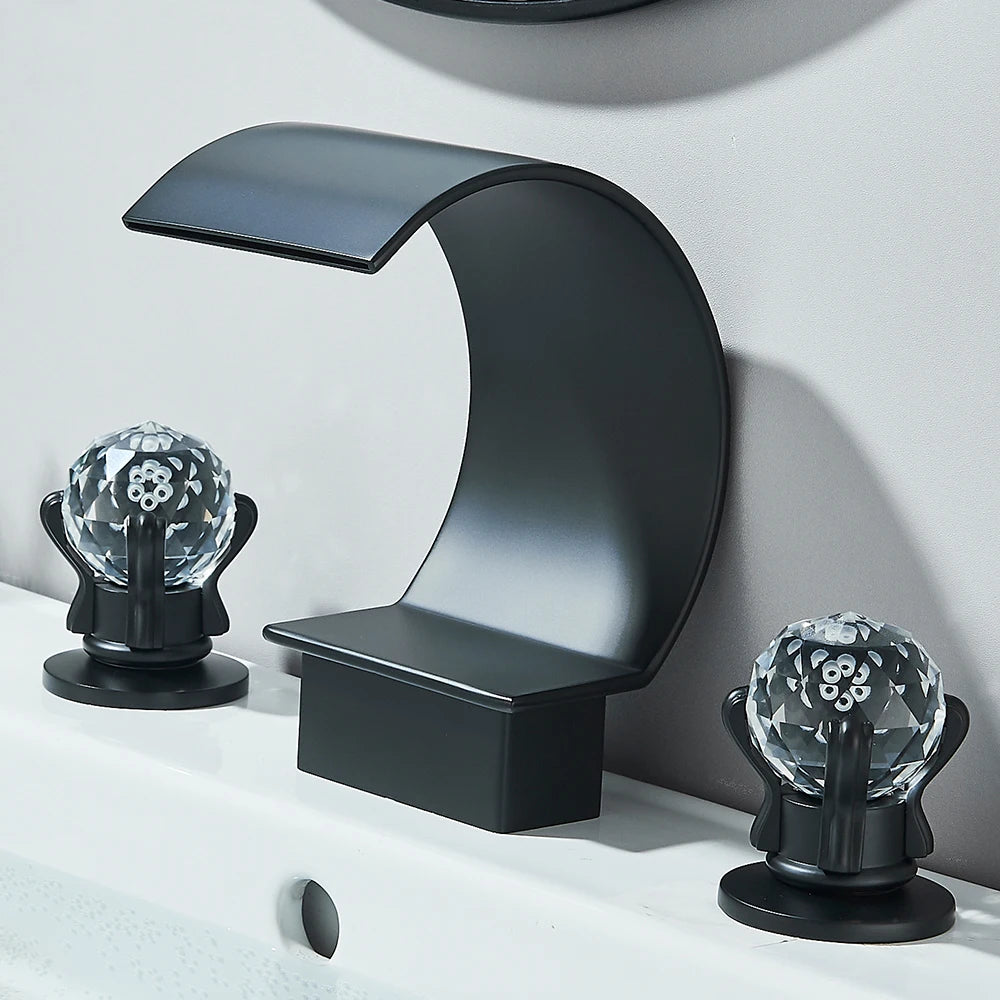 Gold Crane Crystal Handle Widespread Waterfall Bathroom Faucet