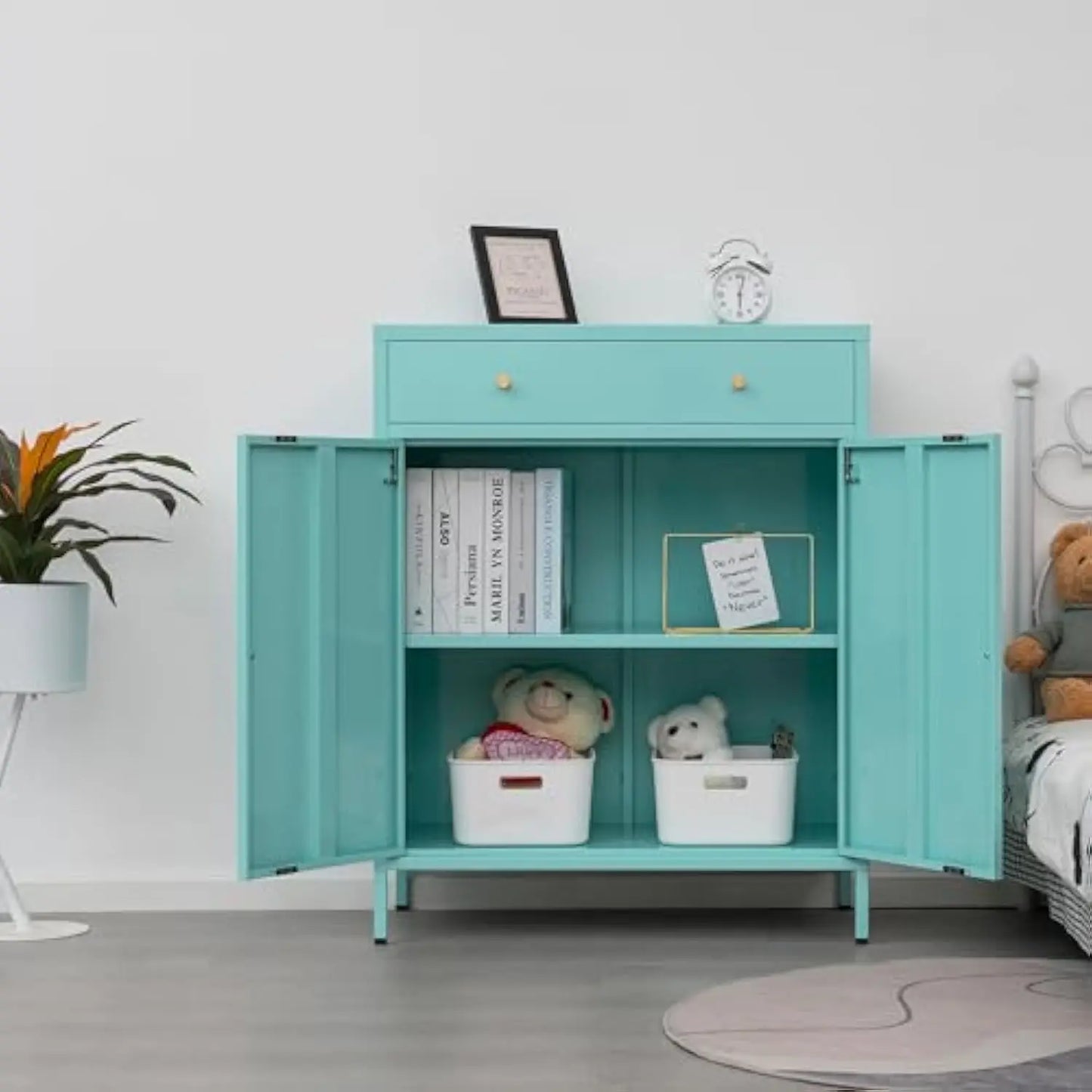Metal Storage Cabinet with Drawer and Doors, and legs
