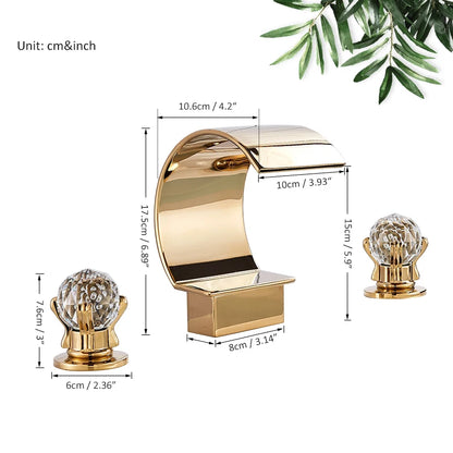 Gold Crane Crystal Handle Widespread Waterfall Bathroom Faucet