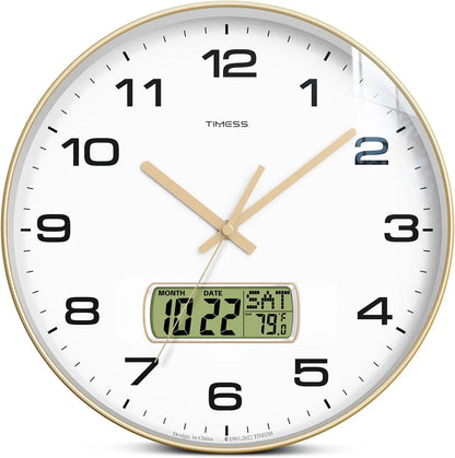 TIMESS Wall Clock with Calendar and Fahrenheit Temperature Display, battery Operated Minimalist Style