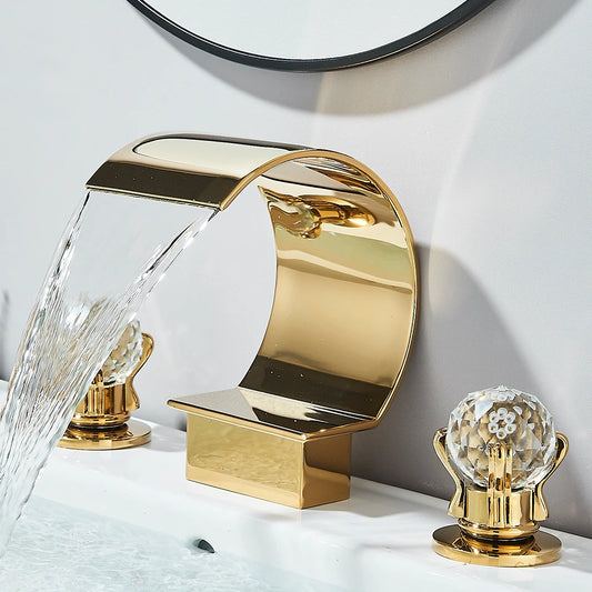 Gold Crane Crystal Handle Widespread Waterfall Bathroom Faucet