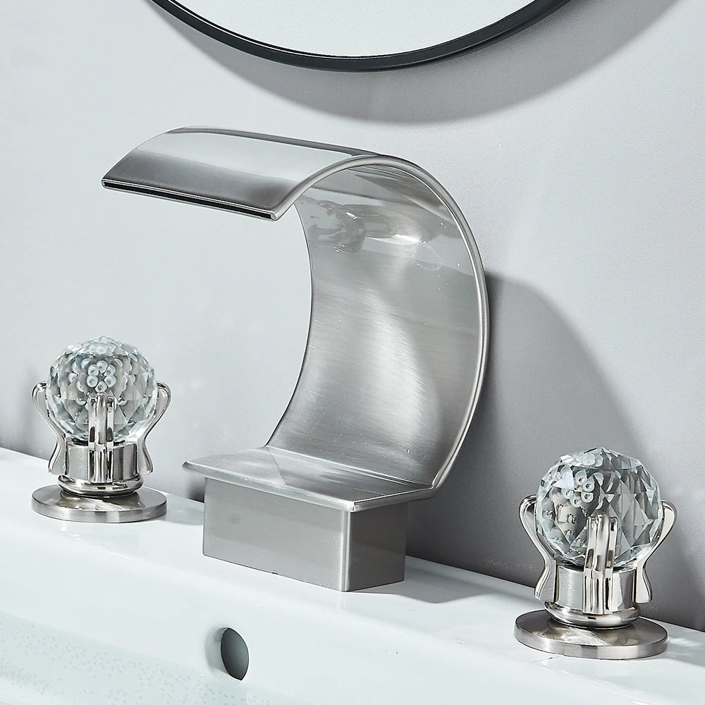 Gold Crane Crystal Handle Widespread Waterfall Bathroom Faucet