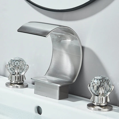 Gold Crane Crystal Handle Widespread Waterfall Bathroom Faucet