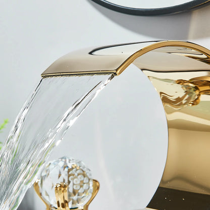 Gold Crane Crystal Handle Widespread Waterfall Bathroom Faucet