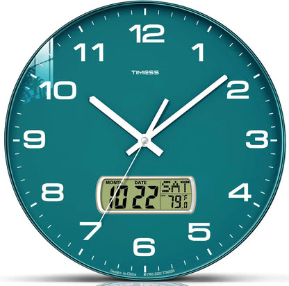 TIMESS Wall Clock with Calendar and Fahrenheit Temperature Display, battery Operated Minimalist Style