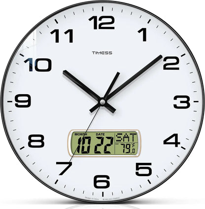 TIMESS Wall Clock with Calendar and Fahrenheit Temperature Display, battery Operated Minimalist Style