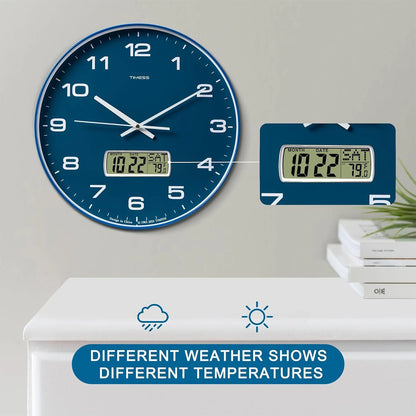 TIMESS Wall Clock with Calendar and Fahrenheit Temperature Display, battery Operated Minimalist Style