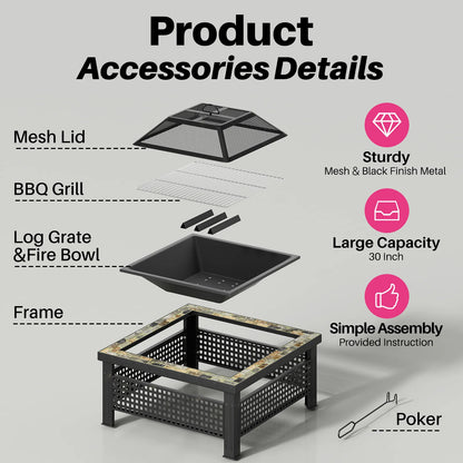 30 Inch Square Outdoor Fireplace Table w/ Mesh.
