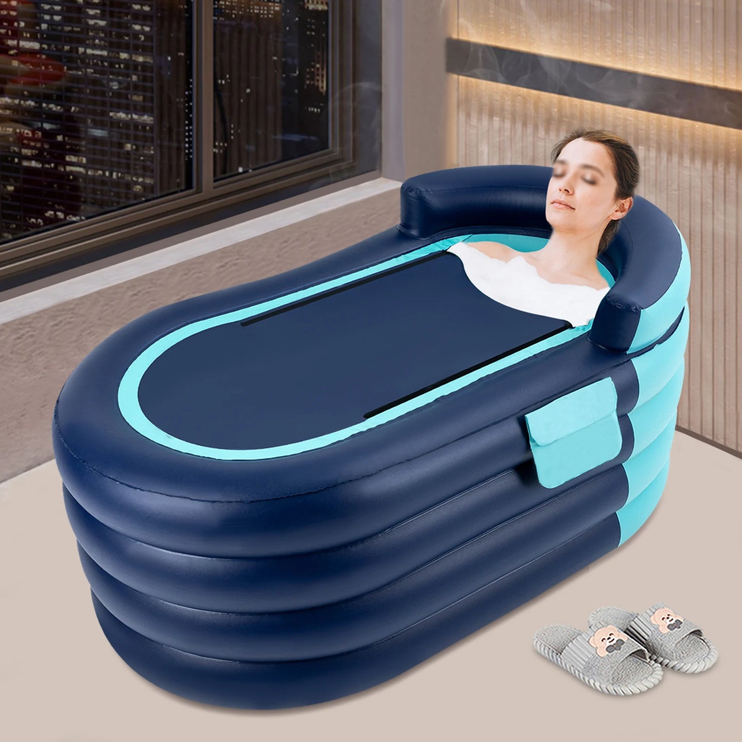 Inflatable adult bathtub with wireless electric air pump.