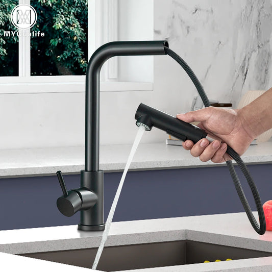 Matte Black Pull Out Kitchen Sink Faucet Two Model