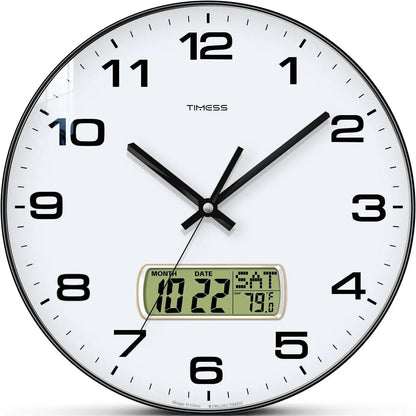TIMESS Wall Clock with Calendar and Fahrenheit Temperature Display, battery Operated Minimalist Style