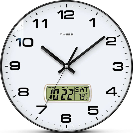 TIMESS Wall Clock with Calendar and Fahrenheit Temperature Display, battery Operated Minimalist Style