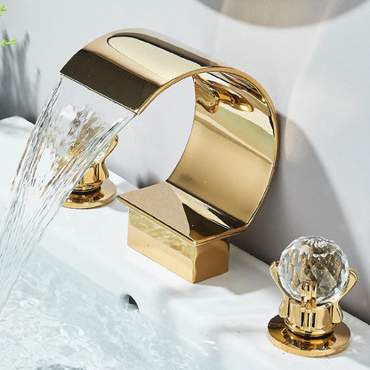 Gold Crane Crystal Handle Widespread Waterfall Bathroom Faucet